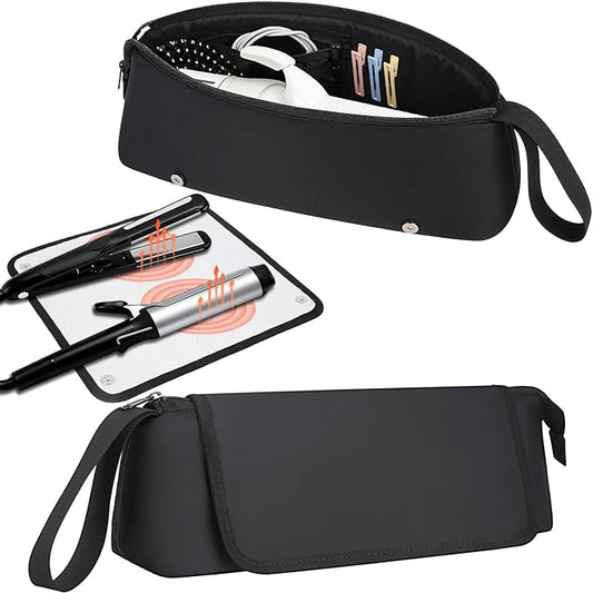 Hair Tools Travel Bag with Heat-Resistant Mat, Large Capacity Organizer for Curling Iron, Flat Iron, Blow Dryer & Hair Accessories, Portable Travel Case for Styling Tools (Midnight)