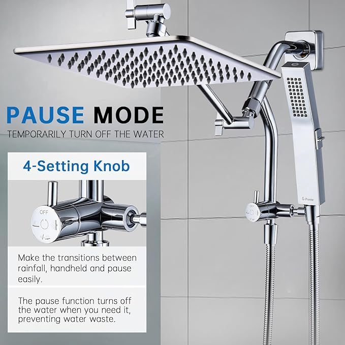 G-Promise All Metal 10 Inches Rain Shower Head with Handheld Built-in Power Wash Mode, 3-way Diverter with Pause Setting, 11 Inches Adjustable Extension Arm with Lock Joint, Long Hose (Chrome)