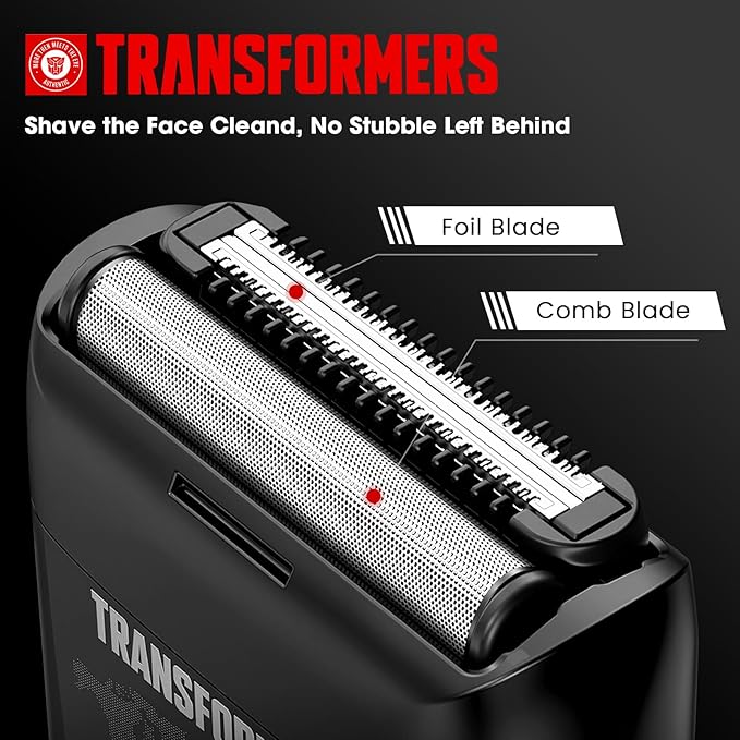 Transformers Electric Foil Shaver for Men：Portable Electric Razor for Face - IPX7 Waterproof Cordless Razor with LED Display - 2 Floating Blade USB-C Fast Rechargeable for Travel & Home