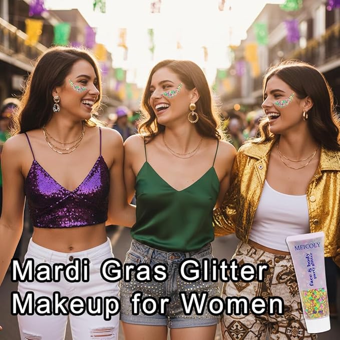 MEICOLY Mardi Gras Face Body Glitter Gel,Skin-Friendly Holographic Hair Glitter for Kids & Adults, Music Festival Concert Rave Makeup,Gold Green Purple Mixed Chunky Glitter for Mardi Gras Carnival
