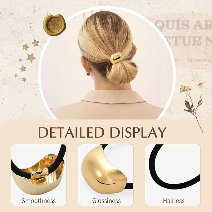 3PCS Gold Hair Ties, Metal Hair Ties for Thick Hair, Elegant Durable Geometric Design, Gold Hair Accessories for Women Stretchy and Non-Damage Ponytail Cuff Holders