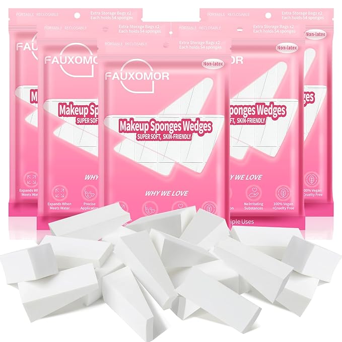 Fauxomor 540 Pcs New Makeup Sponges Wedges for Face Foundation, Latex-Free Triangle Cosmetic Make Up Sponge for Flawless Application and Blending, Beauty Blender for All Skin Types with Ten Pouches