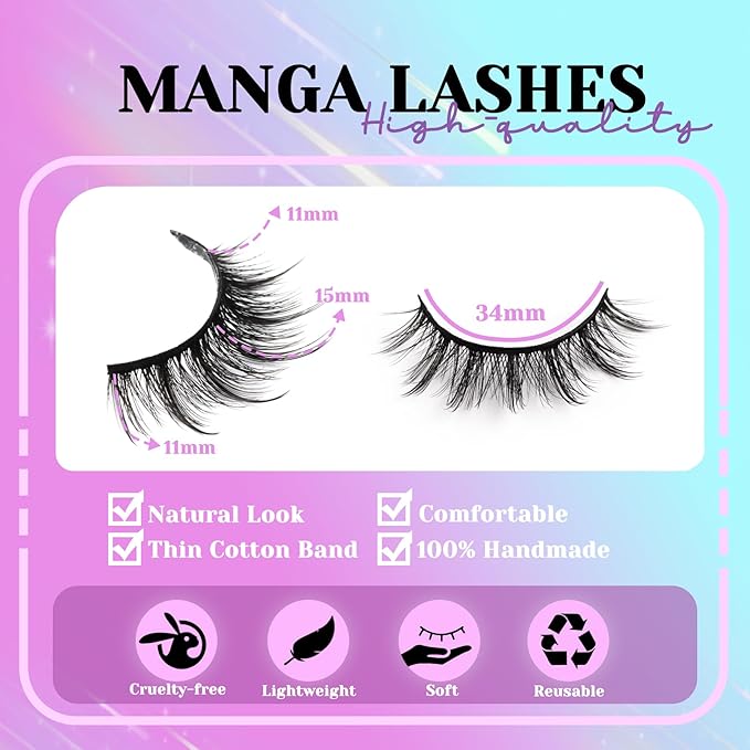 Losha Lashes Fluffy Manga Lashes 14 Pairs Anime False Eyelashes 6D Natural Eye Lashes Kit with Lash Glue and Lash Tweezers Asian Soft Fake Eyelashes (Pop)