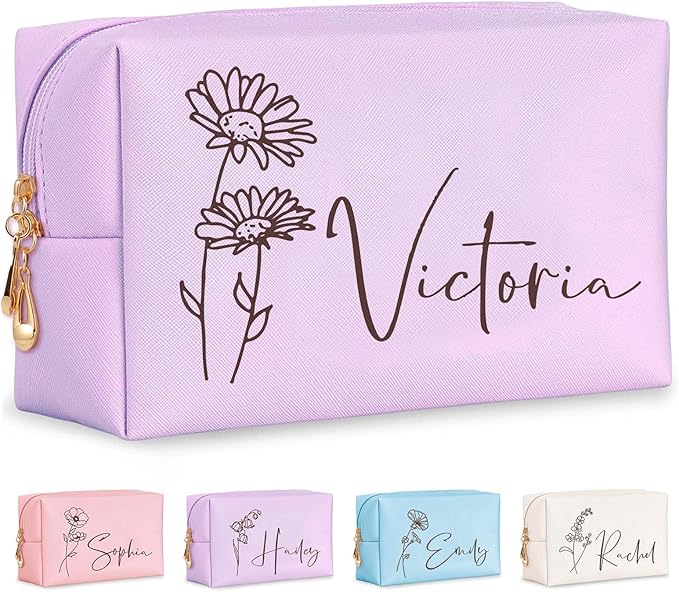 Fincekoom Valentines Day Gifts for Her Teen Girls, Personalized Makeup Bag with Name & Birth Flower, Custom Leather Cosmetic Bags for Women, Customized Travel Toiletry Bag Gifts for Bridesmaid Wedding