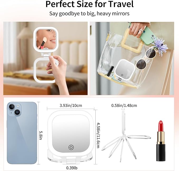 FUNTOUCH 4inch 1x 30x Magnifying Travel Makeup Mirror with Lights, Rechargeable Lighted Compact Mirror with Light, 3 Color Lighting, Double Sided Portable Handheld Hanging, Gifts for Women,White