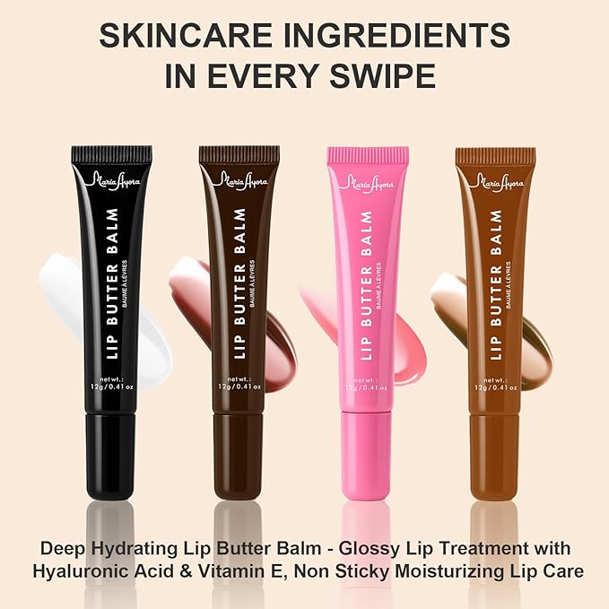 Deep Hydrating Lip Butter Balm - Hydrating Lip Treatment with Glossy Finish, Shea Butter, Vitamin E, Peptides & Hyaluronic Acid - Vegan, Non-Sticky, Lip Care - 4 Pack(4 COLORS-Unscented)