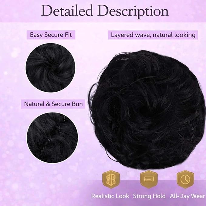 Juvabun Messy Bun 2.0 Hair Piece Black Synthetic Hair Bun Extension for Women Realistic Lightweight Messy Bun Scrunchie for Everyday Hairstyles