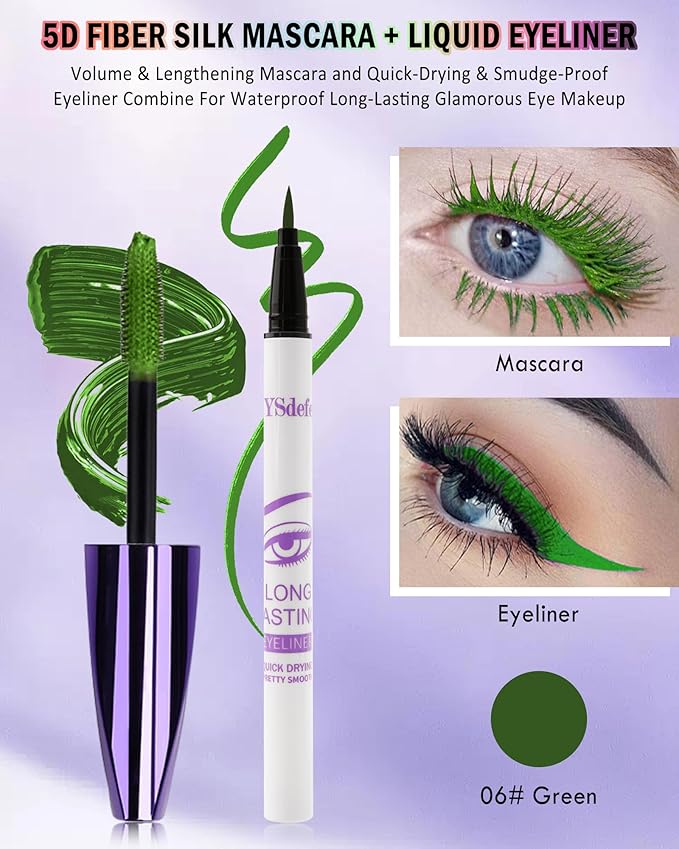 Green Mascara Liquid Eyeliner Set,5D Waterproof Fiber Colored Mascara Volume and Length,Longlasting Smudgeproof Color Eye Liner Pen,Cosplay Party Stage Use,Christmas Makeup Gift for Women Girl