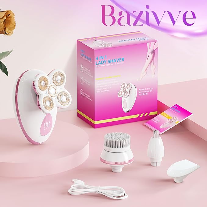 Electric Razors for Women Legs - Painless Body Shavers for Sensitive Skin - 5 in 1 Cordless Lady Trimmer for Women's Leg, Bikini and Face - Waterproof Wet/Dry Remover, Rechargeable, Cherry
