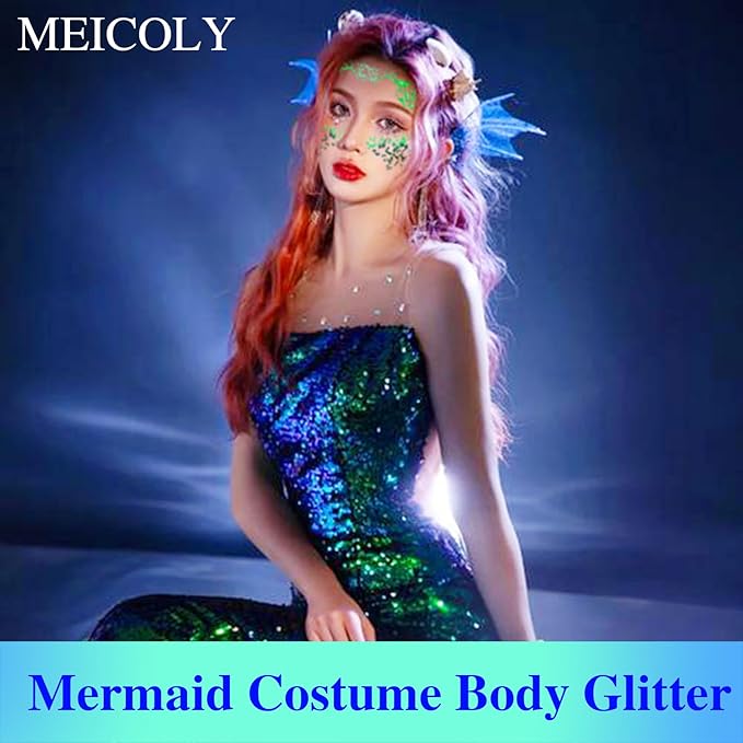 MEICOLY Chameleon Green Face Body Glitter,Holographic Self-Adhesive Face Glitter,Color Changing Mermaid Face Glitter,Halloween Glitter Face Paint for Face Body Hair,St Patricks Day Accessories