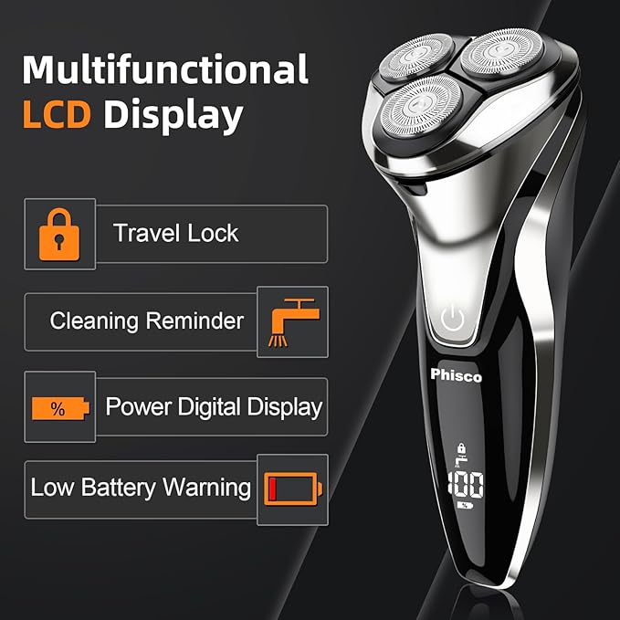 Electric Razor for Men - Phisco Electric Shavers for Man Face, USB Rechargeable, Waterproof Wet Dry Razors with Pop-Up Trimmer, LED Display, Travel Lock