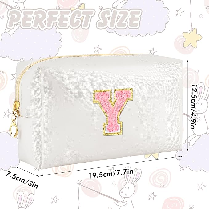 URSKYTOUS Initial Makeup Bag Personalized Preppy Travel Small Cosmetic Bag Cute PU White Chenille Letter Makeup Pouch for Purse Waterproof Zippered Toiletry Organizer for Women Girls Kids Friends (Y)