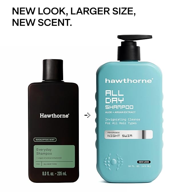 Hawthorne All Day Men's Shampoo. Sulfate Free, Paraben Free, Mens Natural Shampoo With Argan and Coconut Oil. For Stronger, Moisturized, Healthier Hair. Night Swim Cologne Scent. 16 fl. oz. 2-Pack.