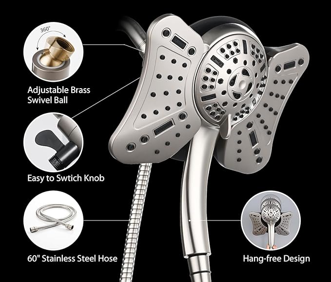 GRICH 2.5GPM Shower Head with Handheld Spray Combo: 2 in 1 Rainfall Shower Heads high pressure & Handheld Shower Head, 9 Spray Modes/Settings Detachable Shower Head with 60 Inch Hose, Nickel