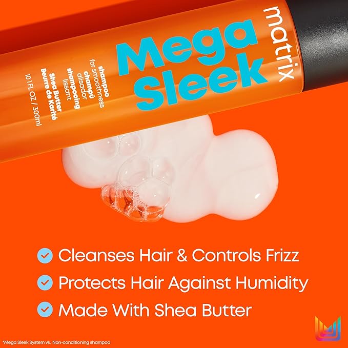 Matrix Mega Sleek Shampoo - Anti-Frizz Moisturizing Shampoo, Smoothing and Detangling, For Dry & Damaged Hair, Salon Professional Formula, With Shea Butter, Vegan, 10.1 FL Oz