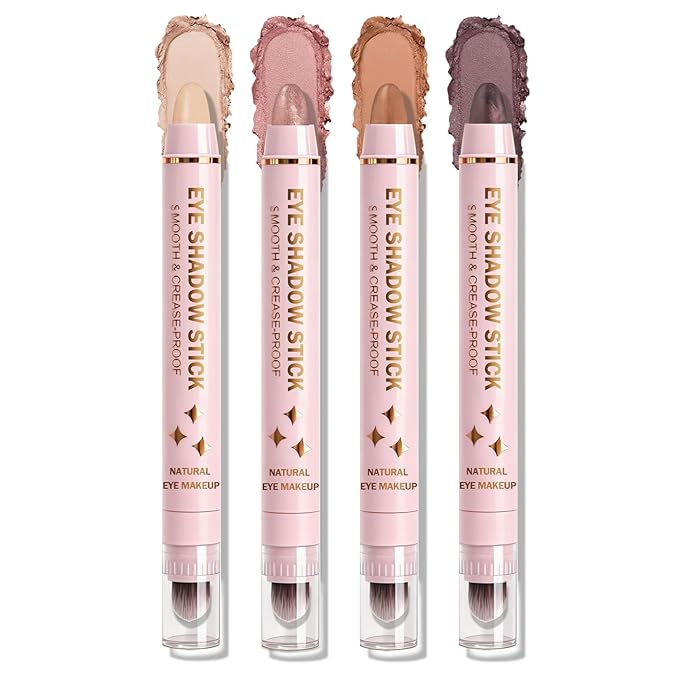 4 Colors Cream Eyeshadow Stick Set, Eye Shadow Brightener Stick Shimmer and Matte Finishes, Long-Lasting, Waterproof, Crease-Proof, Crayon Eye Shadow Pencil Highlighter Makeup Set A
