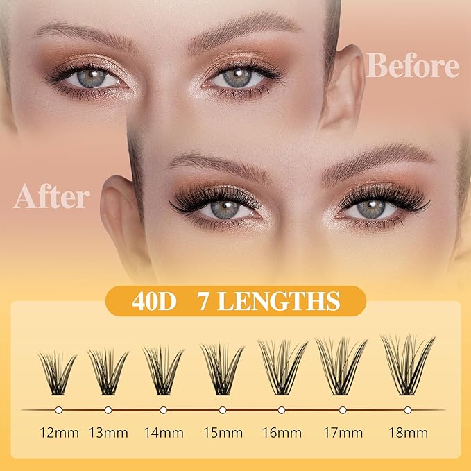 QUEWEL Lash Clusters Kit, 280 Pcs Lash Clusters 40D 12-18mm Thin Band Lashes Clusters Natural Look Eyelash Extension Kit With Lashes Bond Seal Eyelashes Tweezers (LSTZ-40D)