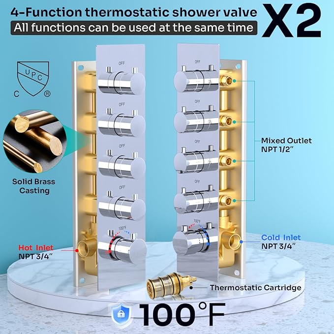HOMEDEC Dual Shower Faucet Set for Couples, LED 14x20" & 6" Side Shower Heads, 4-Way Diverter Valves, Shower System with Body Jets & Handheld, Chrome