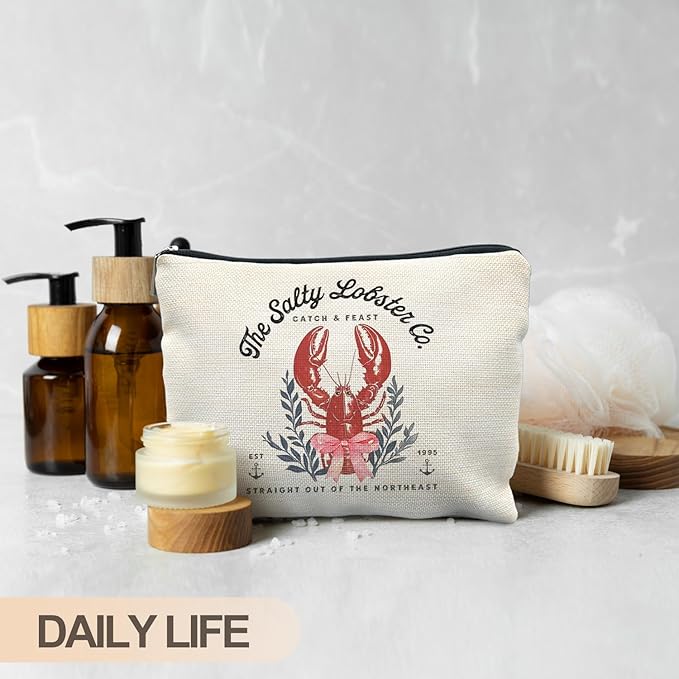 RYYCDOI Crawfish Makeup Bag, Coquette Pink Bow Coastal Beach Nautical Lobster Cosmetic Bags for Women, Summer Seafood Makeup Zipper Pouch, Gifts for Beach Lovers