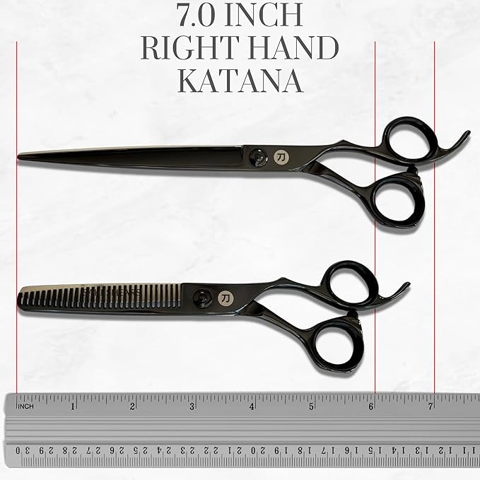 7" Black Saki Shears Katana Set of Professional Hair Scissors for Professional Use - Includes Cutting Scissors, Thinning Shears, Razor and Leather Case (7" Set of Hair Shears)