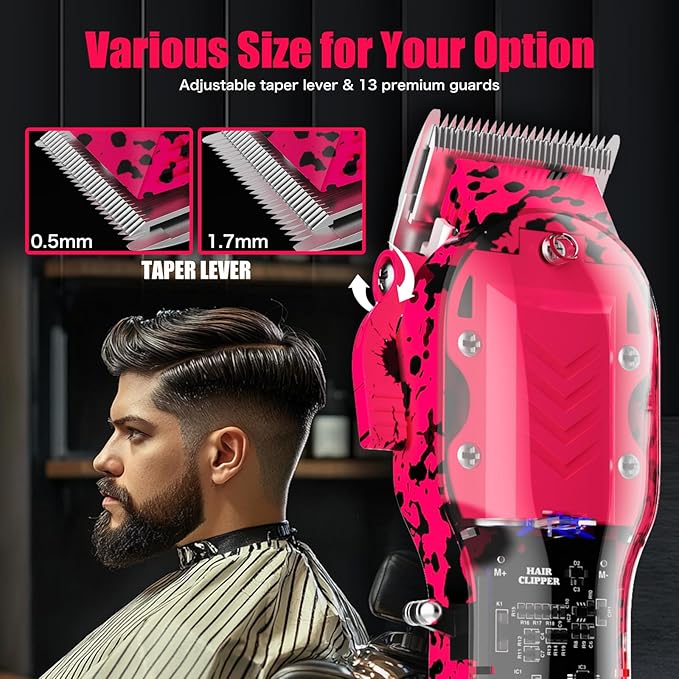 Professional Hair Clippers for Men, Cordless Barber kit for Hair Cutting & Grooming, Hair Clippers and Trimmer Set for Barber Haircut with LED Display, 8 Fade Taper Combs(Pink Set)
