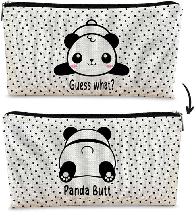 BARPERY Panda Gifts Dots Makeup Bag,Gifts for Panda Lover Wonmen Girls,Cute Baby Panda Guess What It's Pug Butt Cosmetic Bag,Makeup Case for Teen Girls Daughter,Panda Accessories,Canvas Zipper Pouch