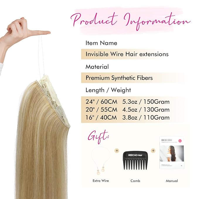 REECHO Invisible Wire Hair Extensions with Transparent Headband Adjustable Size Removable Secure Clips in Straight Secret Hairpiece for Women - 24 Inch, Dark Blonde with Highlights