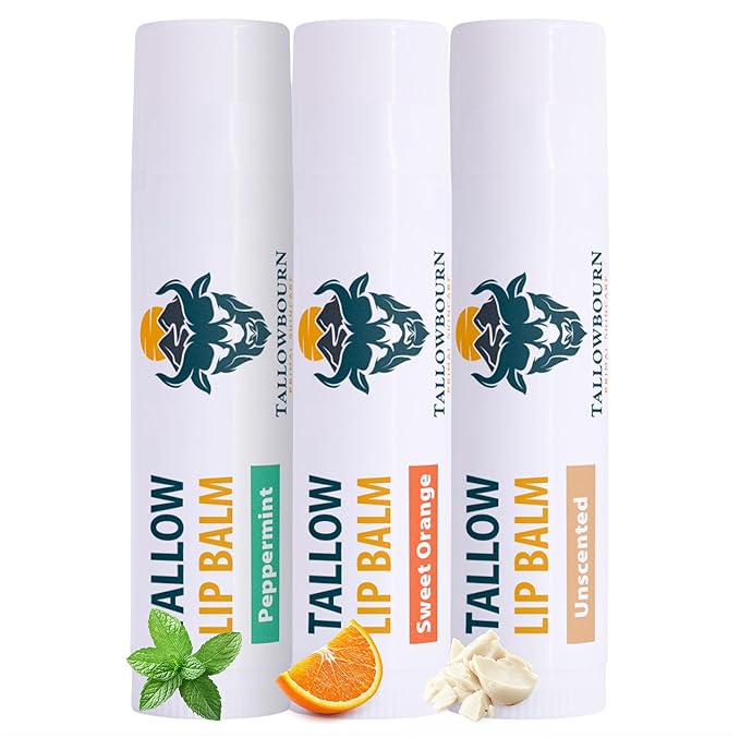 Tallowbourn Moisturizing Tallow Lip Balm – Grass-Fed Beef Tallow with Organic Coconut Oil, Beeswax, and Vitamin E – Lip Balm Set – Variety Pack – Travel Essential – 3-Pack