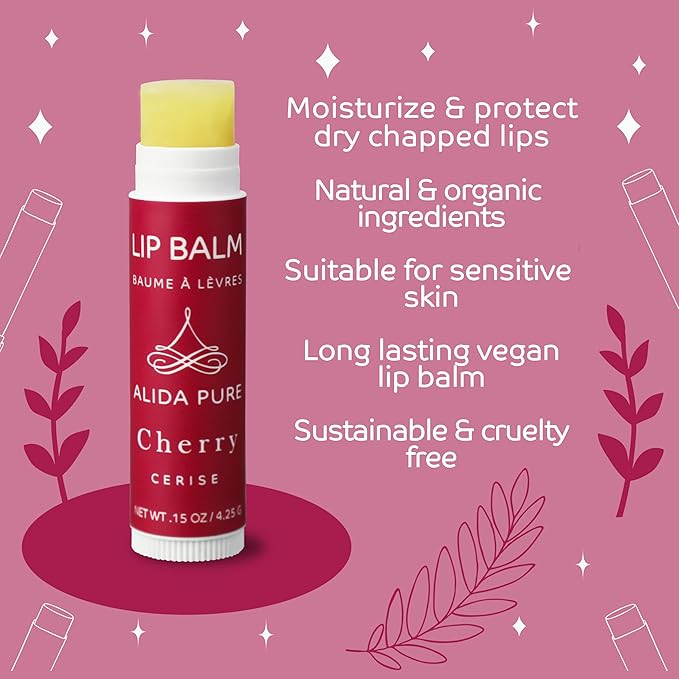 ALIDA PURE Cherry Lip Balm Collection, Vegan Set, Beeswax Free, with Organic Jojoba and Avocado Oil, Vitamin E, Natural Moisturizer for Dry, Chapped Lips, 3 Tube Set