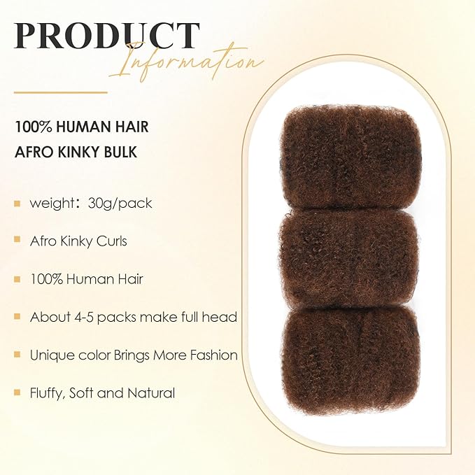 Teresa Afro Kinkys Bulk Human Hair for Twists, Braids and Dreadlocks, Natural and Soft Afro Kinky Curly Human Hair Bulk Can be Dyed and Bleached (10 Inch, #4, 30g/Pack)