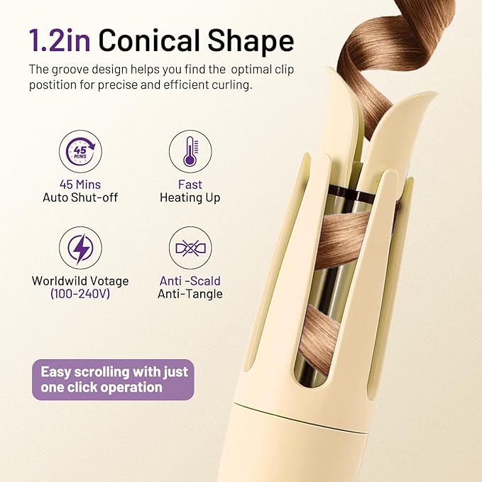 Automatic Hair Curling Iron Automatic Hair Curler Automatic Rotating with 3 Temperature Sets, Anti-Scald, Anti-Tangle Auto Curling Iron Rotating, Yellow
