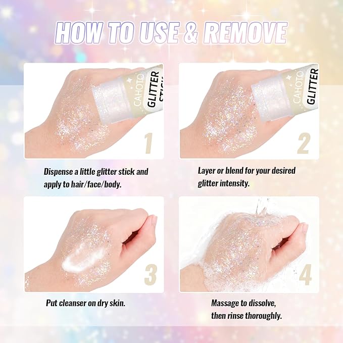 Carnival White Face Body Hair Glitter Stick, Shimmer Stick Gel for Women, Sparkling Holographic Chunky Sequins for Mardi Gras Halloween Party Rave Festival Concert Outfit, 0.56oz
