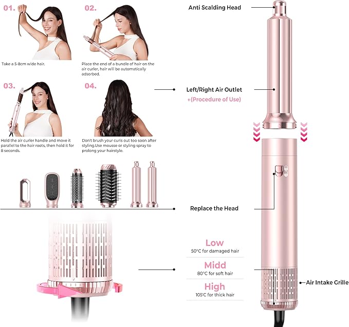 6 in 1 Hair Dryer Brush, Detachable Air Styler, Blow Dryer Brush 3 Heat Settings Frizz-Free Drying, Volumizing, Straightening, Curling for Travel & Home Styling (Pink-A)