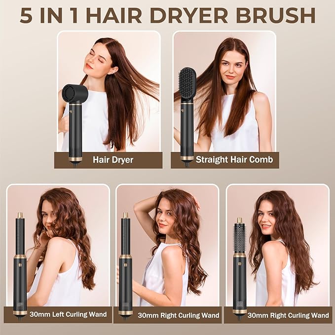 5 in 1 Hair Dryer Brush Set, Negative Ion Blow Dryer Brush Upgrade Hot Air Brush Air Styler Curling Wrap Air Curler, Curling Iron Hair Styling Tools As A Gift for Straight/Curl/Drying/Smoothing