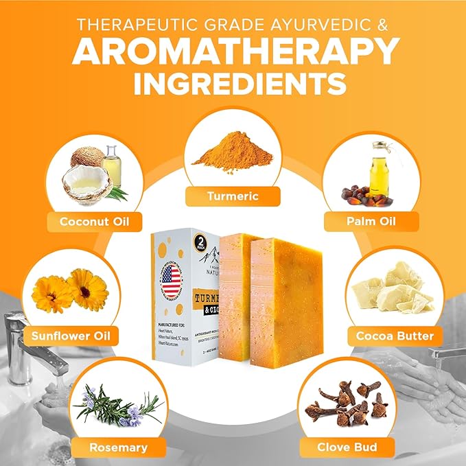 iHeart Nature Turmeric Bar Soap (2-Pack) – Face & Body Cleanser for Dark Spots – Clove Essential Oil, Creamy Aromatic Lather
