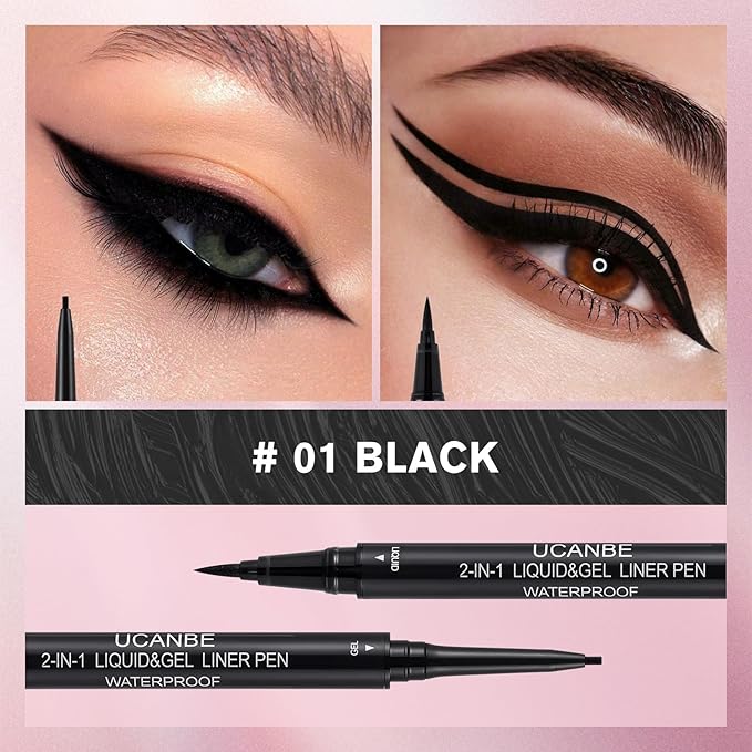 UCANBE Black Eyeliner Pencil, Dual Ended Liquid Eye liner + Gel Eyeliner 2 in 1, Highly Pigmented & Quick Drying, Waterproof & Long Lasting Ultra-fine Tip Eye Makeup Pen