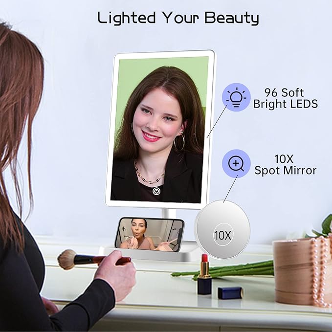 FUNTOUCH Large Makeup Vanity Mirror with Lights, Rechargeable Lighted Desk Makeup Mirror with 96 LED Lights and 10x Magnifying Mirror, 3 Color Lighting, Light up Make up Mirror with Phone Holder