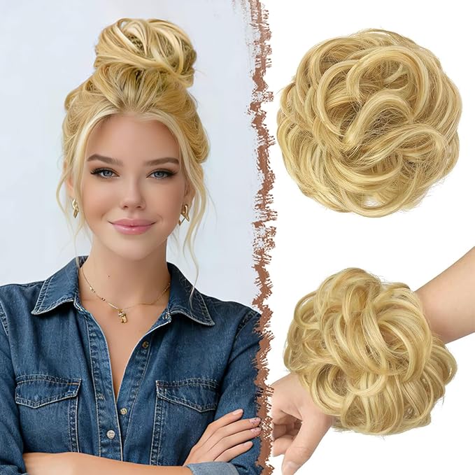 FESHFEN Messy Bun Hair Pieces - Large Wavy Curly Elastic Hair Bun Scrunchies Ponytail Extensions Synthetic Chignon Hairpieces for Women, Strawberry Blonde & Bleach Blonde 1.94oz