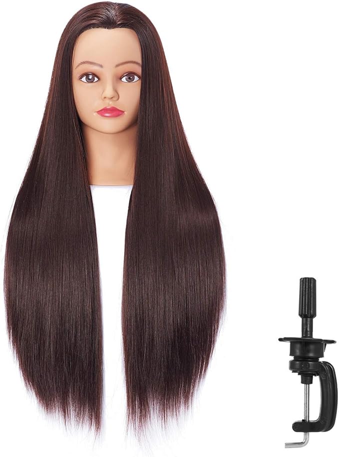 Hairingrid 26"-28" Mannequin Head Hair Styling Training Head Manikin Cosmetology Doll Head Synthetic Fiber Hair and Free Clamp Holder Stand (Dark brown)