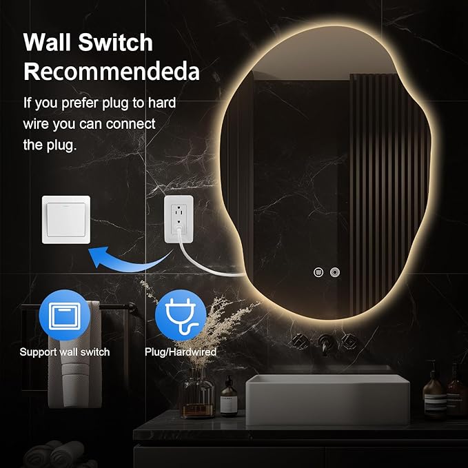LED Bathroom Mirror with Lights,25x35 in Asymmetrical Led Bathroom Mirror for Wall, Backlit Mirror with Anti-Fog,3 Colors and Dimmable Light,[Horizontal/Vertical]