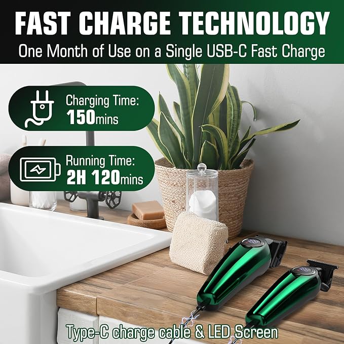 BILLAR Professional Hair Clipper for Men Hair Cutting Kit Men's Beard Trimmer Hair Trimmer Shaver Cordless Barber Clippers and Trimmers（Green）