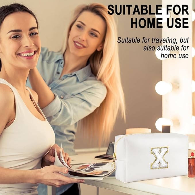 URSKYTOUS Gifts for Girls Initial Makeup Bag Personalized Cosmetic Bag with Zipper Cute Travel Toiletry Bags Waterproof PU Preppy Makeup Pouch Birthday Gift for Teen Girls Women(White X)