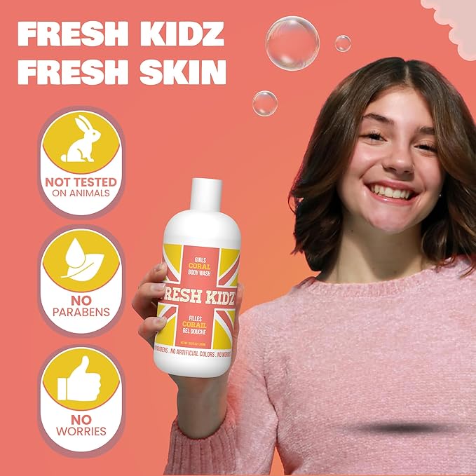 Fresh Kidz Body Wash for Kids and Teens - Gentle Bath and Shower Cleanser for All Skin Types - Girls "Coral", 16.9 Fl.Oz.