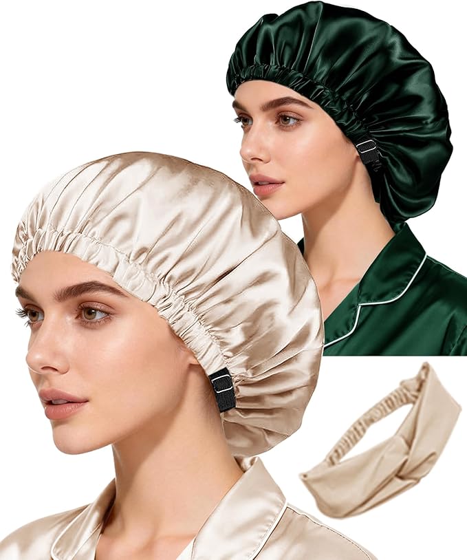 Hair Bonnets 3Pcs Satin Bonnet for Sleeping Silky Bonnets Womens Silk Bonnet Night Caps Curly Hair Sleep Cap for Women