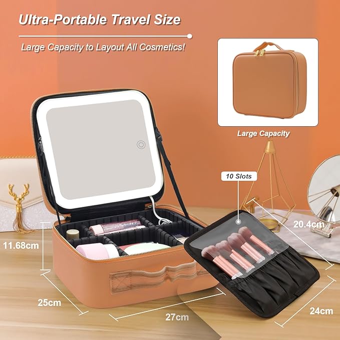 Jadazror Makeup Case, Lighted Mirror, Travel, Waterproof, Brown