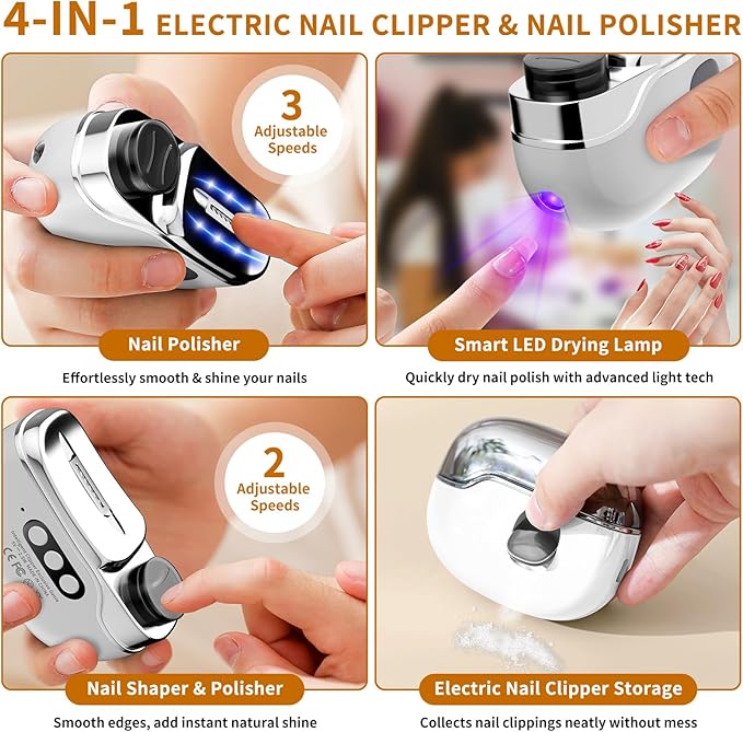 2026 New Electric Nail Clipper for Thick & Brittle Nails, 4-in-1 Rechargeable 3-Speed Nail Trimmer & Polisher with LED Light, Gel Nail Lamp & Storage, Ideal for Seniors, Adults & Kids, Fingers & Toes