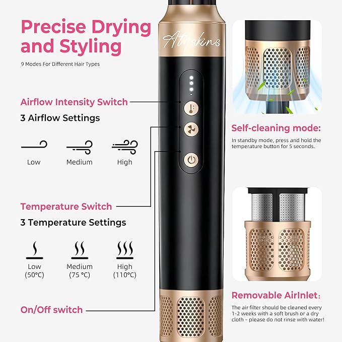 7 in 1 Blow Dryer Brush, Air Wrap Brush Set Hair Dryer Brush 110,000 RPM with Negative Ion Hair Styler Dry, Curling, Volumizing, Straightening and Styling (Black)