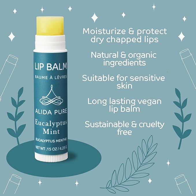 ALIDA PURE Eucalyptus Mint Lip Balm Collection, Vegan Set, Beeswax Free, with Organic Jojoba and Avocado Oil, Vitamin E, Natural Moisturizer for Dry, Chapped Lips, 3 Tube Set