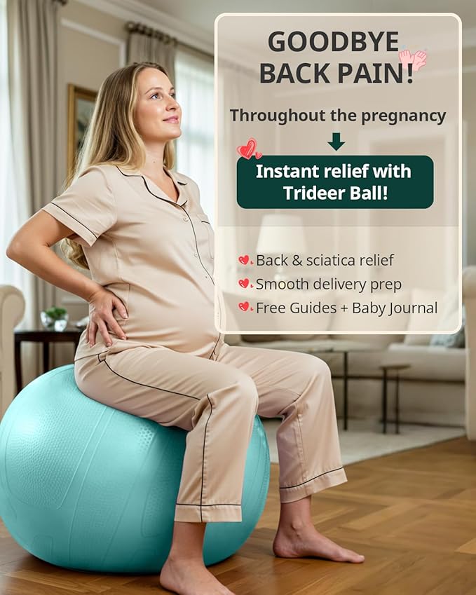 Trideer Pregnancy Birthing Ball - 1.7mm Extra Thick Yoga Ball for Maternity, Labor, Exercise, Physio, Recovery - Guide & Baby Memory Book Included - 440LB Anti-Burst & Non-Slip Stability