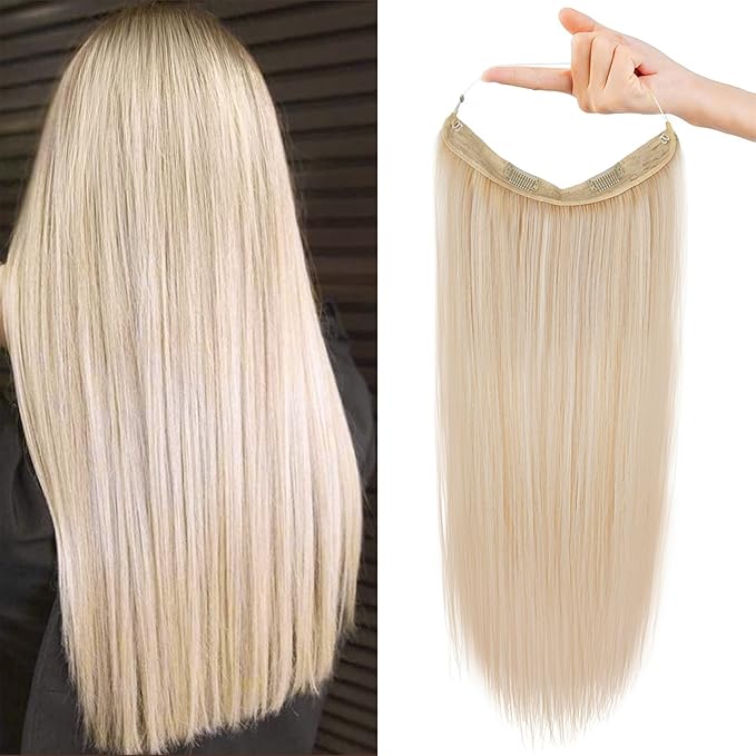 REECHO Invisible Wire Hair Extensions with Transparent Headband Adjustable Size Removable Secure Clips in Straight Secret Hairpiece for Women (12Inch(Pack of 1), Light Blonde)